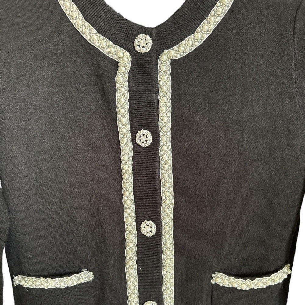 Sioni Black Cardigan Gold Braided Trim & Ornate Faux Pearl Buttons Size Medium - Picture 3 of 7